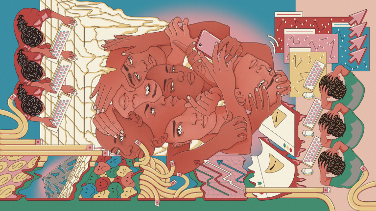 A brightly coloured illustration which can be viewed in any direction. It has several scenes within it: people in front of computers seeming stressed, a number of faces overlaid over each other, squashed emojis and other motifs. This piece represents the user as a Chimera, a visual metaphor suggested by Kate Crawford (who wrote the book Atlas of AI), in which the “end-user” also provides (often unknowingly) valuable feedback, personal data and other invisible, unpaid labour. The illustration also brings out the contrast between their multi-dimensionalities and the flat, biased categorisations of the human in inputs and outputs of AI. AI4Media https://www.ai4media.eu/ funded this commission which was made possible with funding from the European Union’s Horizon 2020 research and innovation programme under grant agreement No 951911. Creative direction by AIxDESIGN - aixdesign.co